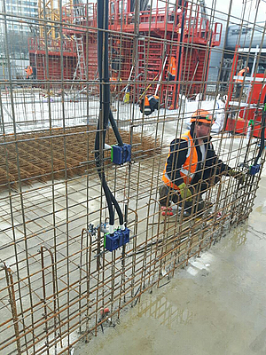 Spelsberg’s IBT system of junction boxes, fit to the metal formwork before the concrete is poured. When the concrete is set and the formwork removed, the face of the IBT housing is visible.