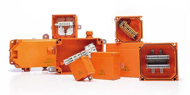 Fire protection solutions from Spelsberg: high-quality cable junction and connection boxes, as well as durable surface-mounted small distribution boards.